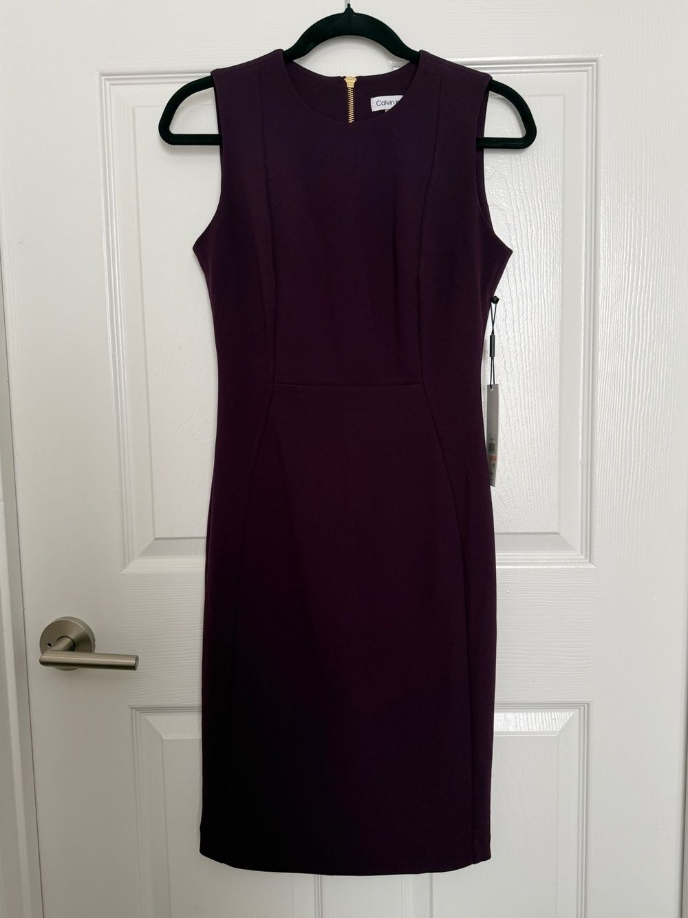 NWT Calvin Klein 2 Plum Purple Sheath Dress Gold Zip Sleeveless Office Siren